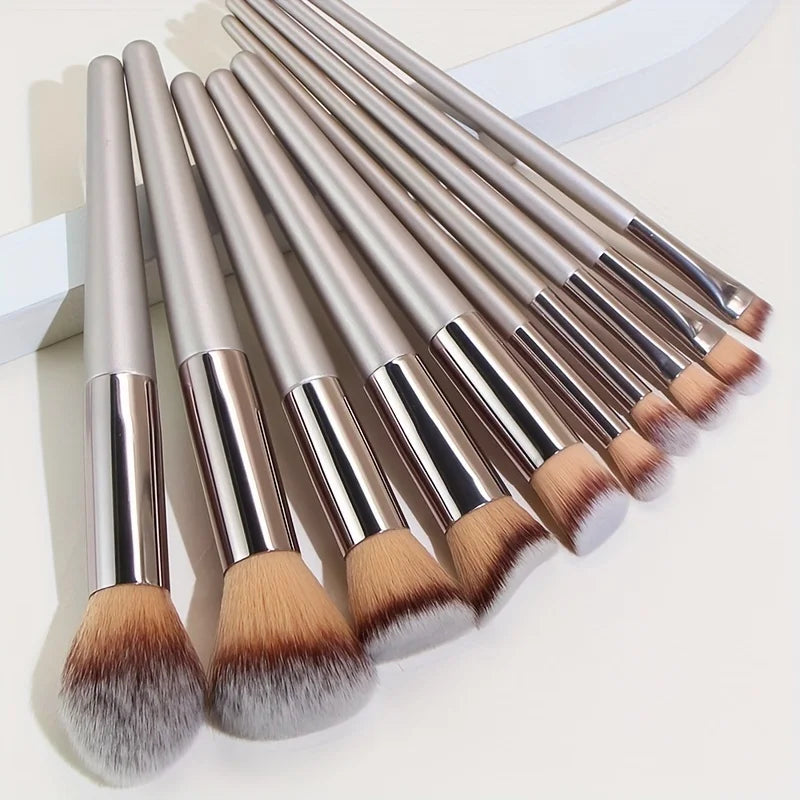 10-Piece Professional Champagne Gold Makeup Brush Set for Foundation, Loose Powder, Blush, Concealer, and Eye Shadow