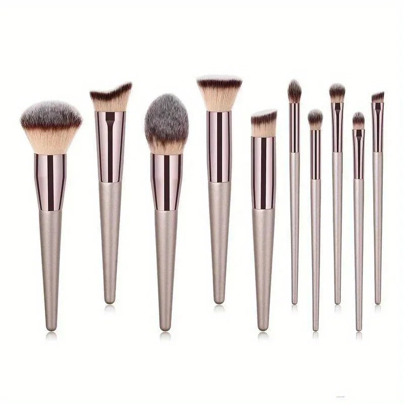 10-Piece Professional Champagne Gold Makeup Brush Set for Foundation, Loose Powder, Blush, Concealer, and Eye Shadow