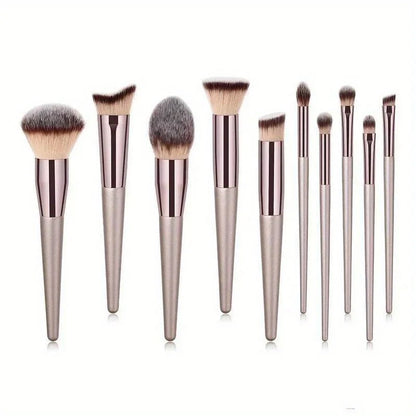 10-Piece Professional Champagne Gold Makeup Brush Set for Foundation, Loose Powder, Blush, Concealer, and Eye Shadow